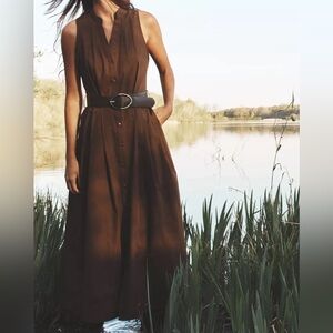 NWT ZARA BROWN BELTED MIDI DRESS SIZE M
